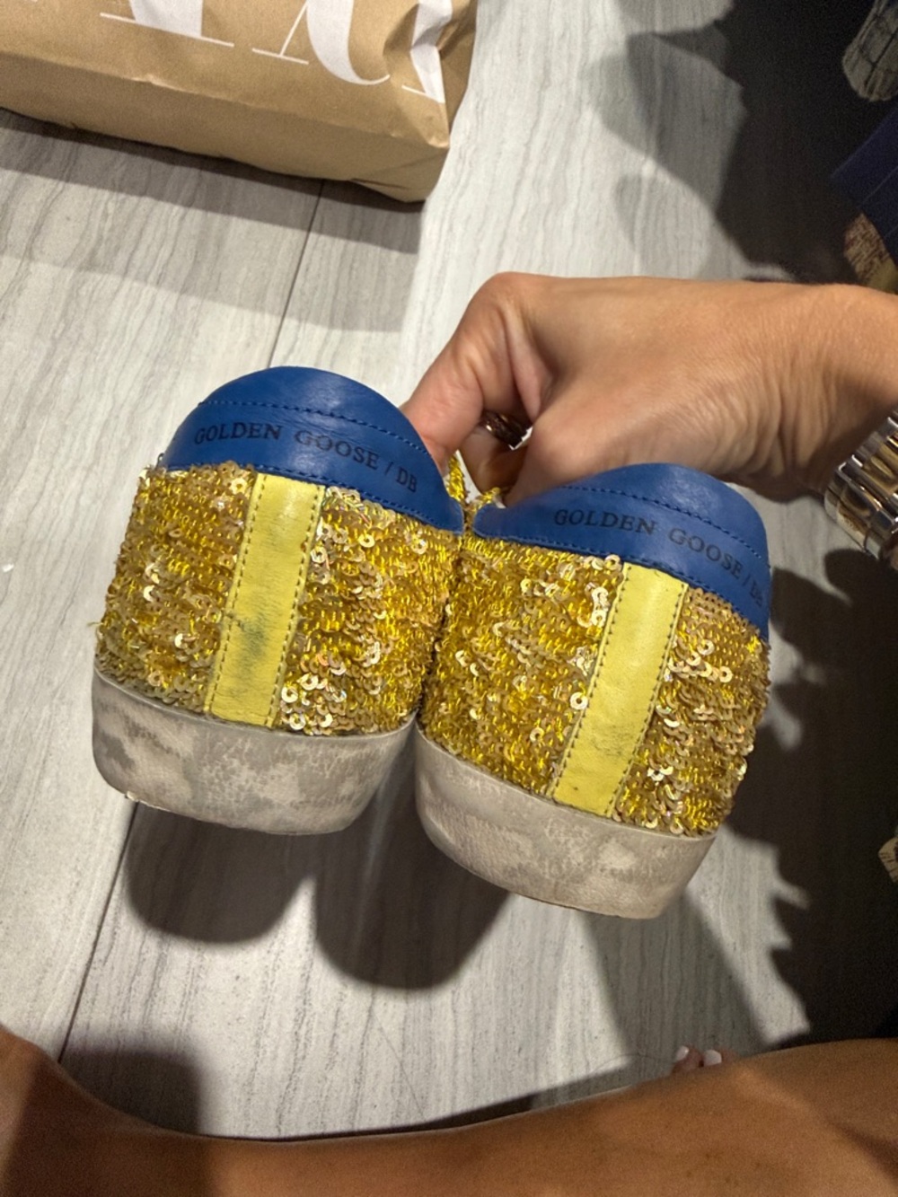 Golden Goose superstar Yellow Sequin Sneakers with Blue Heel - Picture 3 of 5